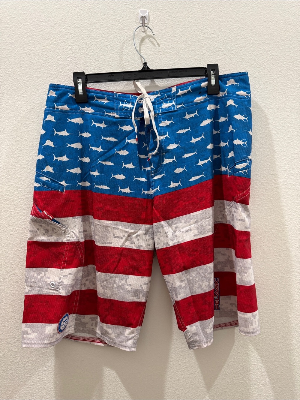 Pelagic Blue, Red & White Shark-Print Men's Swim Board Shorts